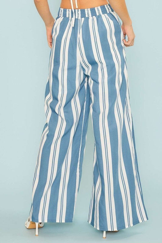 Blue and White Stripe Wide Leg Pants