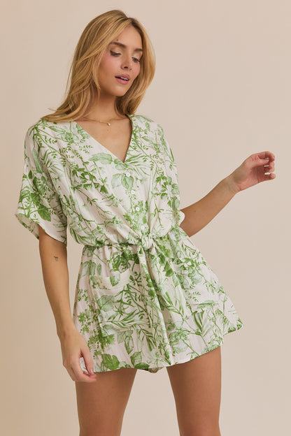 Cream/Green Floral V-Neck Romper