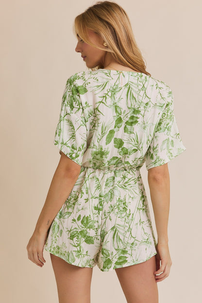 Cream/Green Floral V-Neck Romper