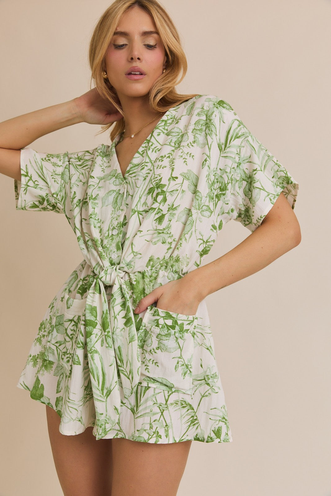 Cream/Green Floral V-Neck Romper