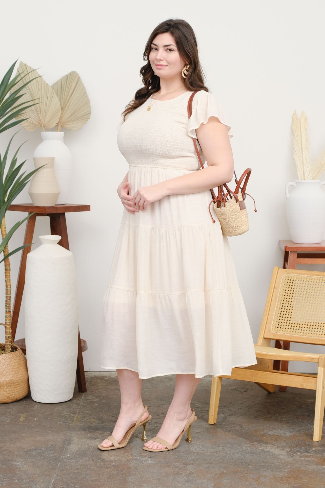 Champagne Smocked Tiered Midi Dress