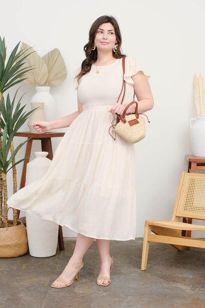 Champagne Smocked Tiered Midi Dress