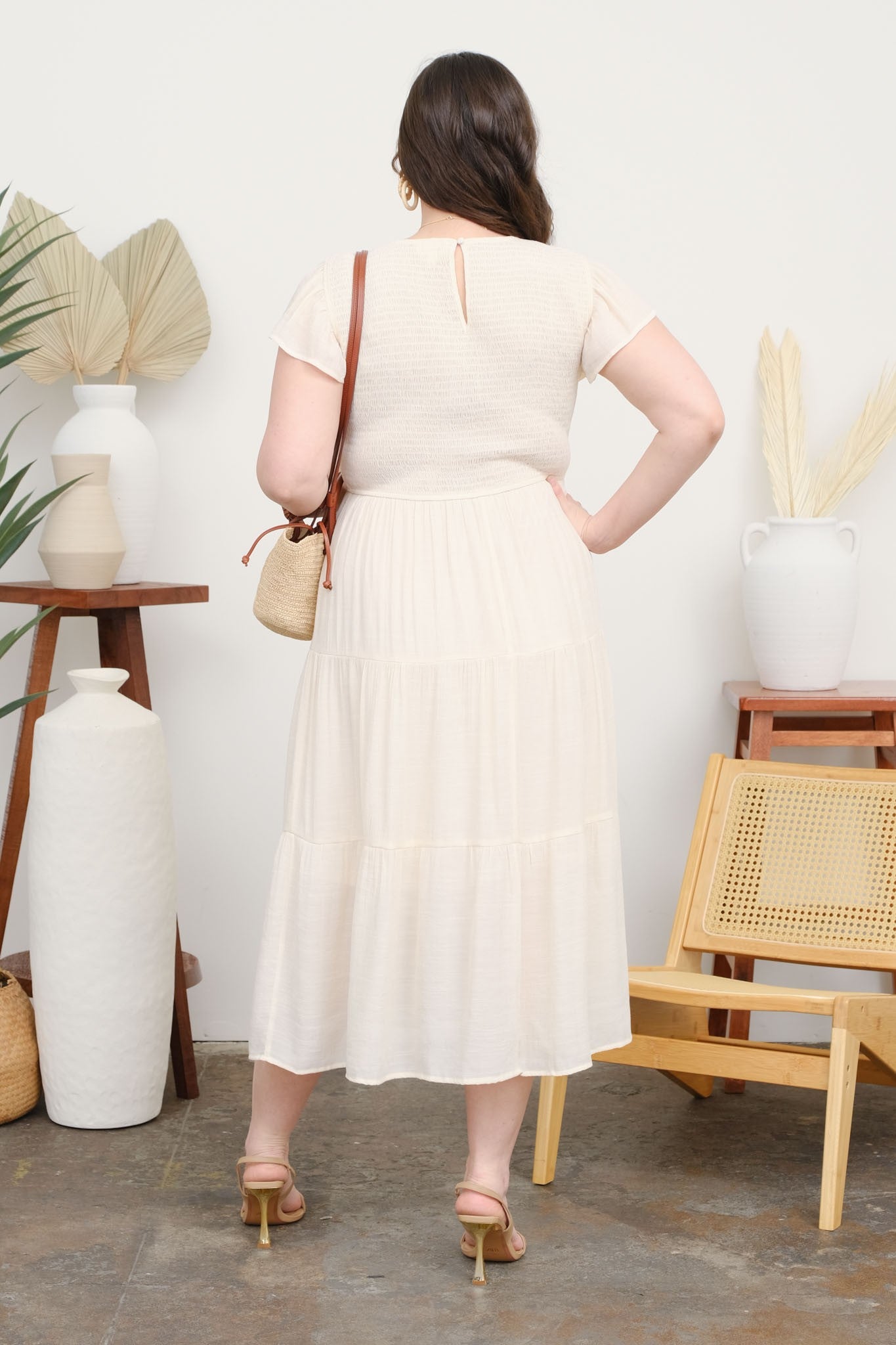 Champagne Smocked Tiered Midi Dress