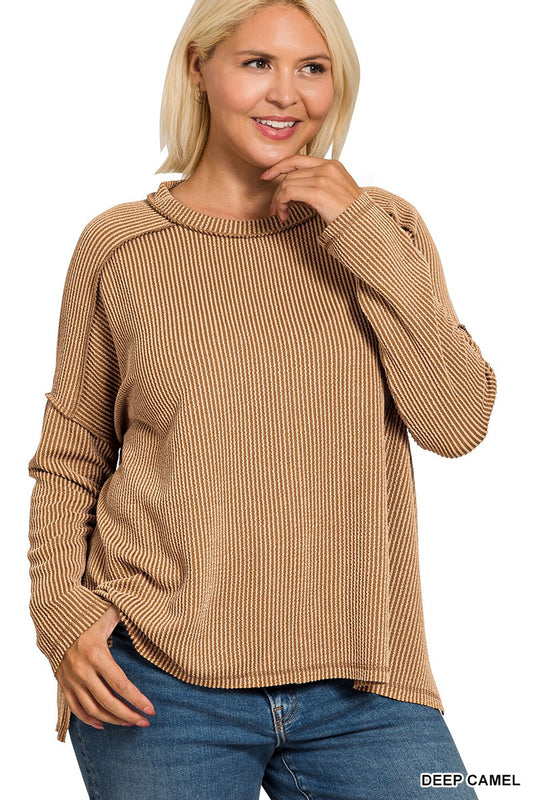 Camel Ribbed Long Sleeve Top
