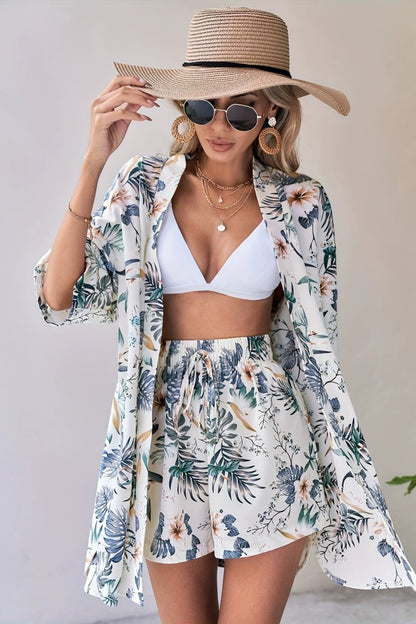 Two-Piece Floral Kimono and Short Set