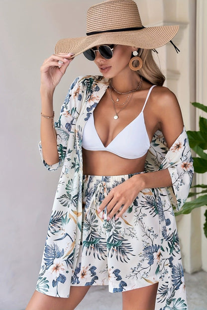 Two-Piece Floral Kimono and Short Set
