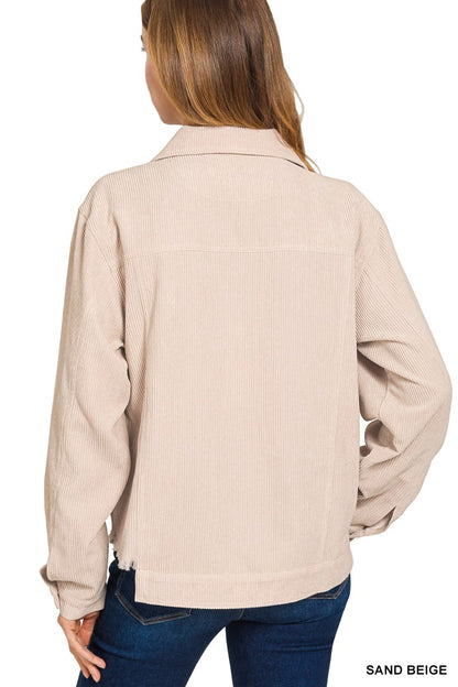 Beige Corduroy Frayed Cropped Jacket