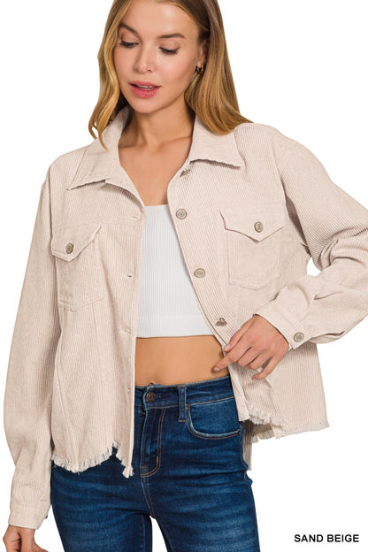 Beige Corduroy Frayed Cropped Jacket