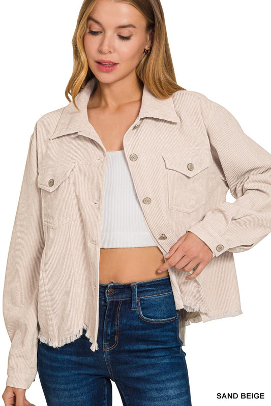Beige Corduroy Frayed Cropped Jacket