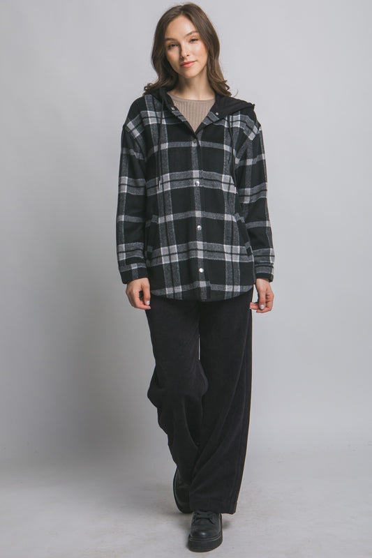 Black Plaid Button Up Hooded Shacket
