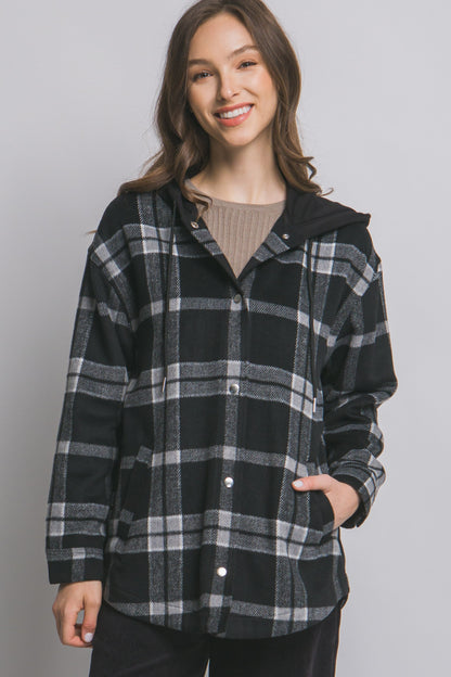 Black Plaid Button Up Hooded Shacket