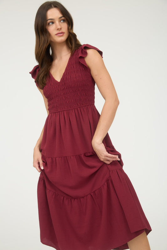 Burgundy Smocked Midi Dress