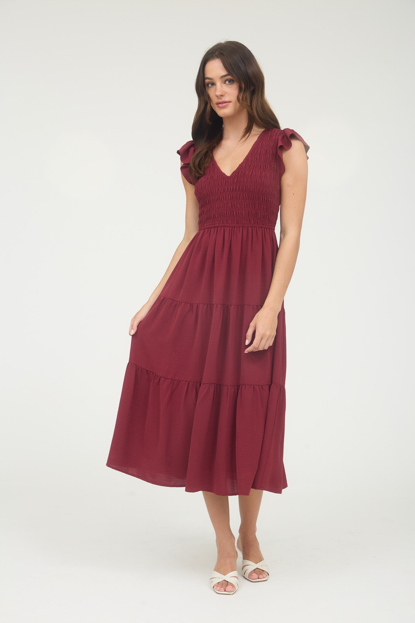 Burgundy Smocked Midi Dress
