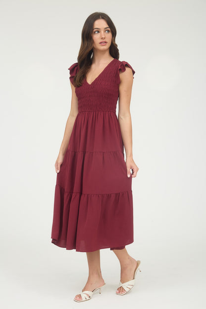 Burgundy Smocked Midi Dress