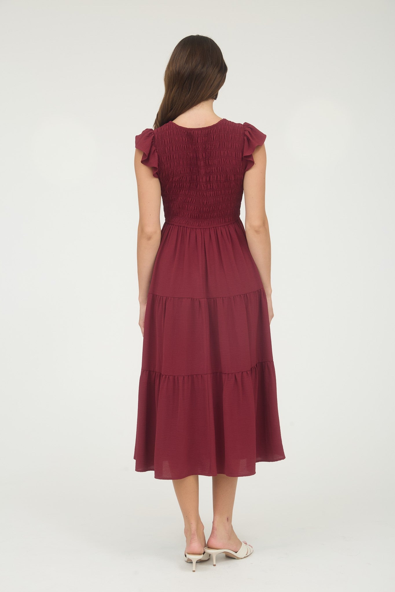 Burgundy Smocked Midi Dress
