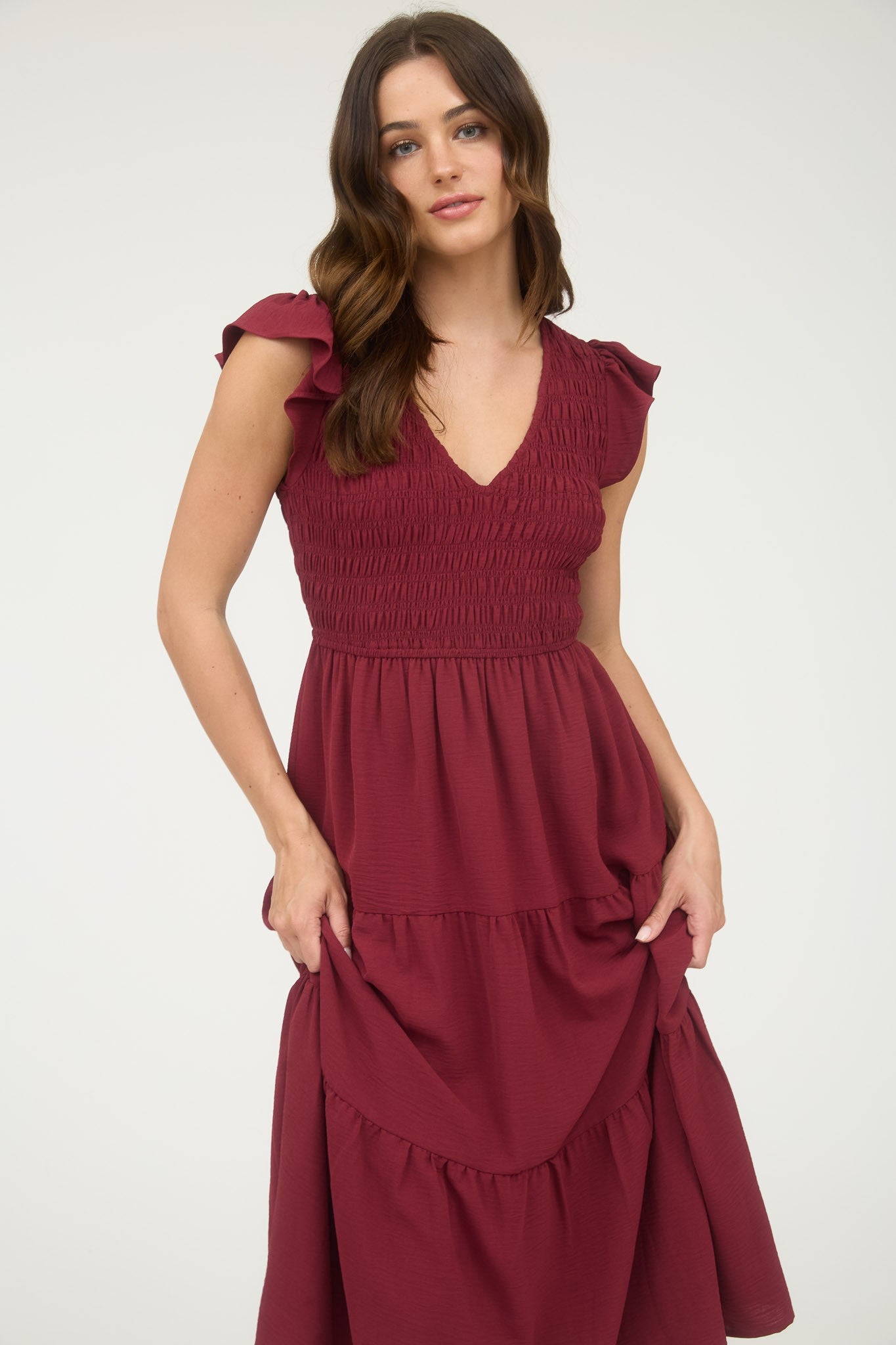 Burgundy Smocked Midi Dress