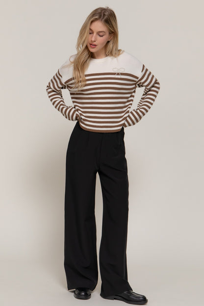 Mocha Stripe Pearl Bow Sweater