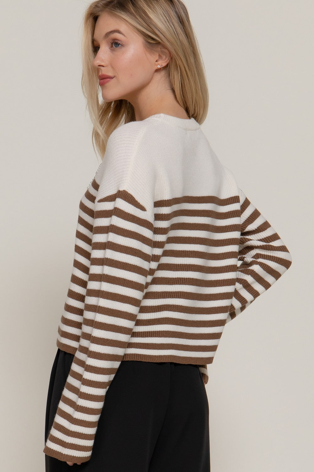 Mocha Stripe Pearl Bow Sweater
