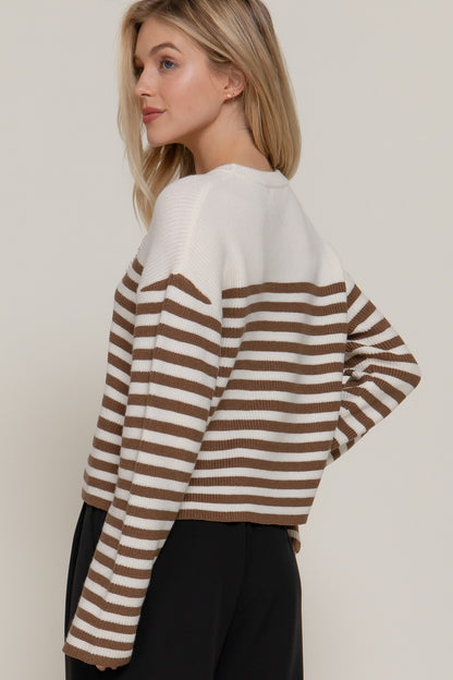 Mocha Stripe Pearl Bow Sweater