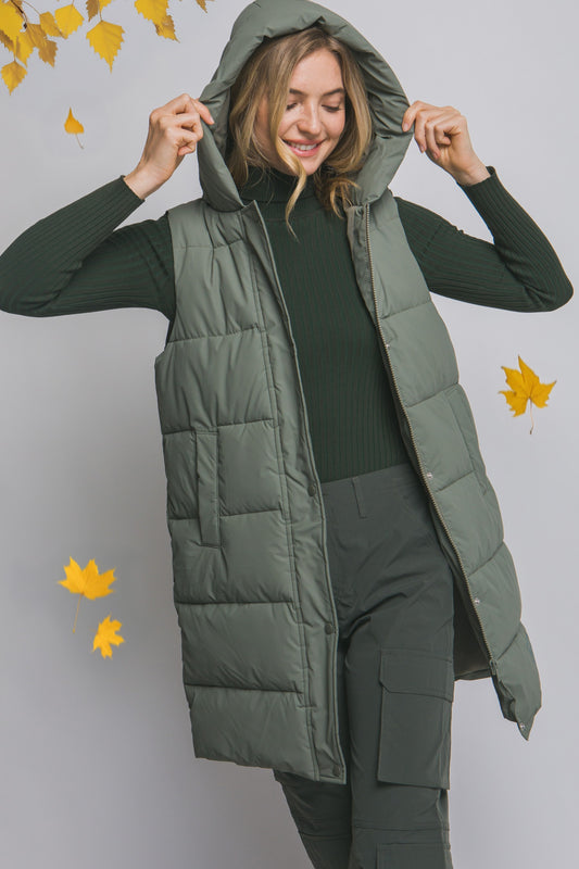 Hooded Olive Puffer Quilted Hooded Vest