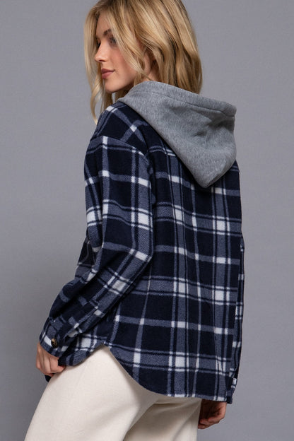 Navy Plaid Button Up Hooded Shacket