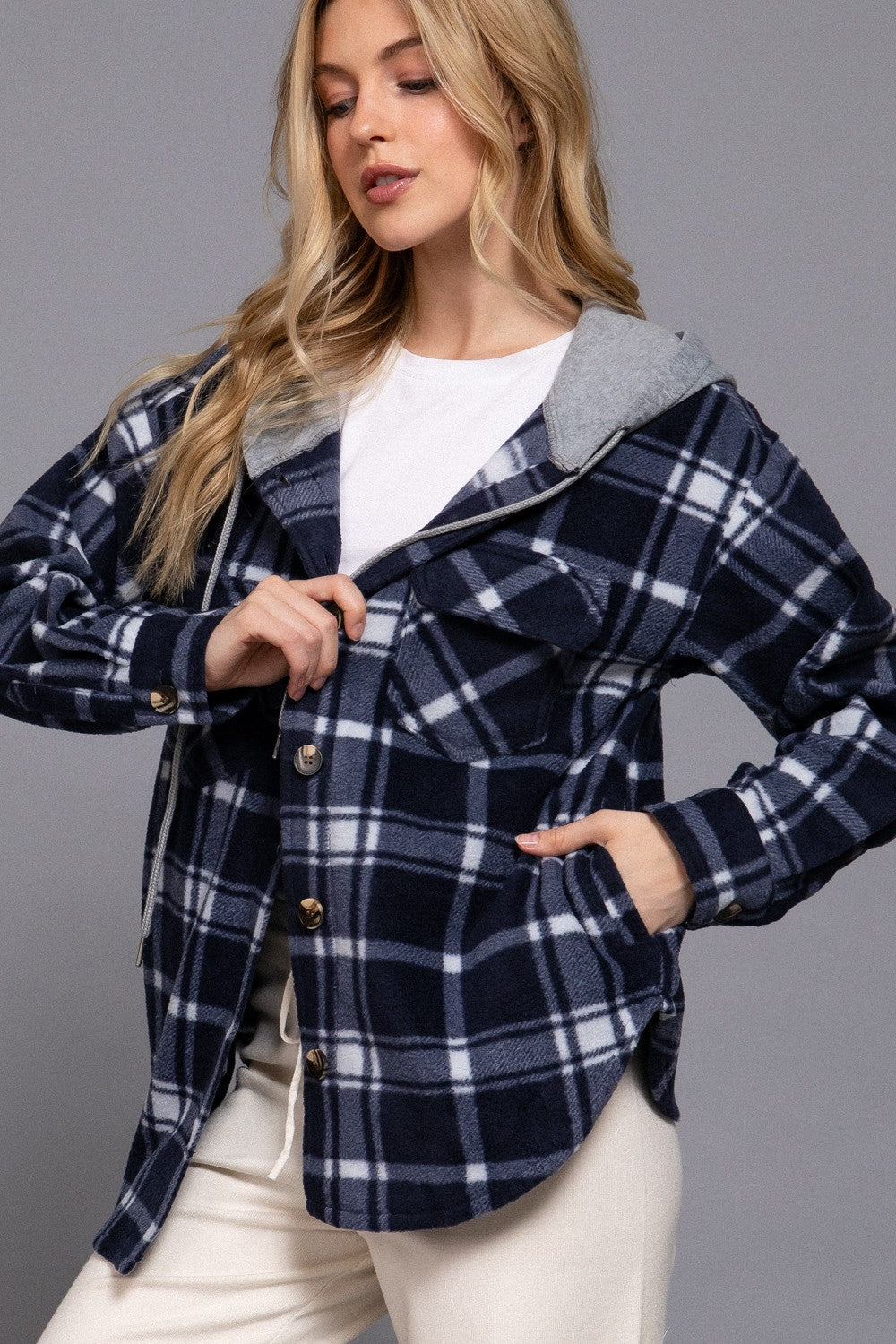 Navy Plaid Button Up Hooded Shacket
