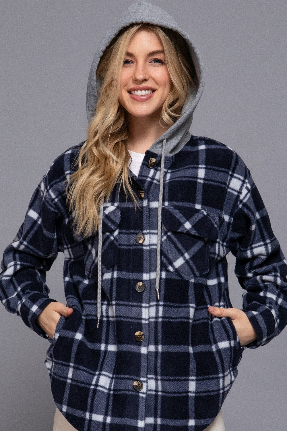Navy Plaid Button Up Hooded Shacket
