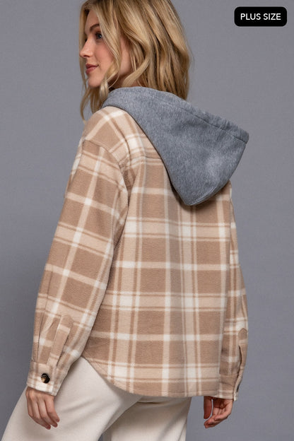 Mocha/Ivory Plaid Button Up Hooded Shacket