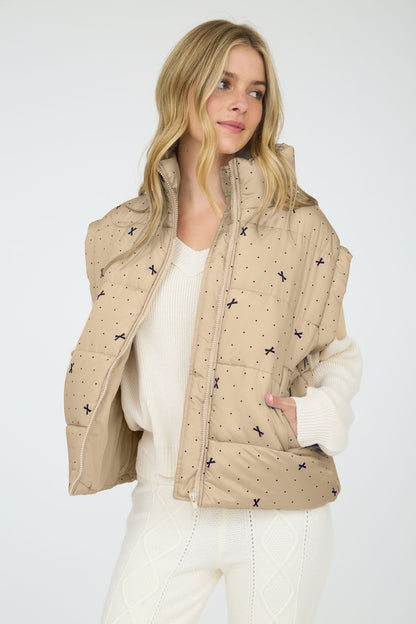 Mini Bow Print Tan Puffer Vest