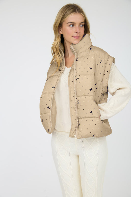 Mini Bow Print Tan Puffer Vest