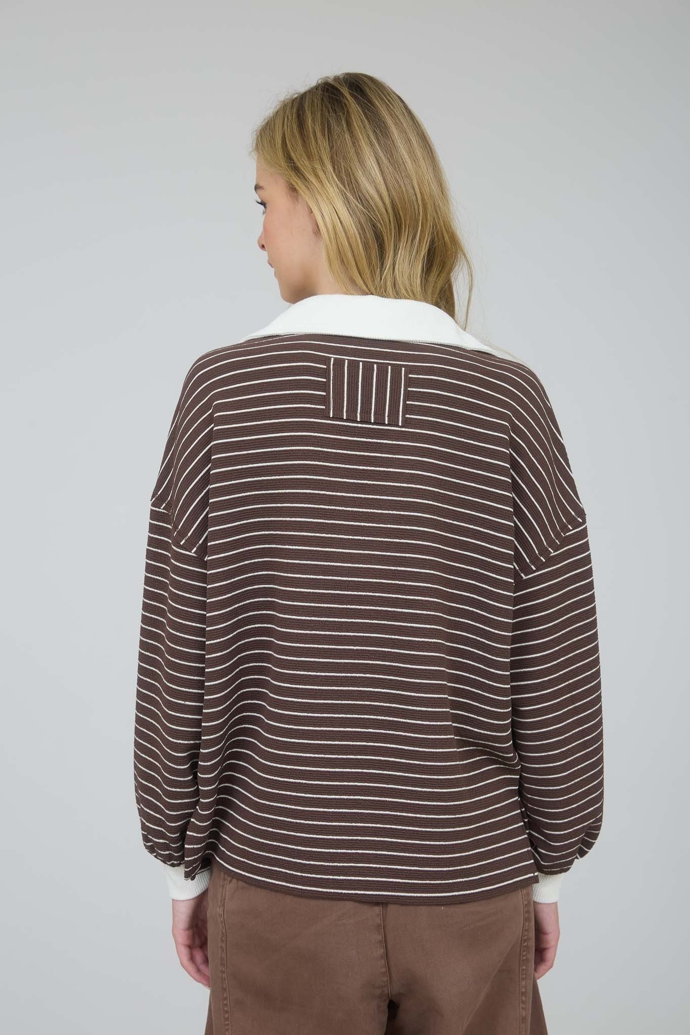 Brown Contrast Stripe Collared Top