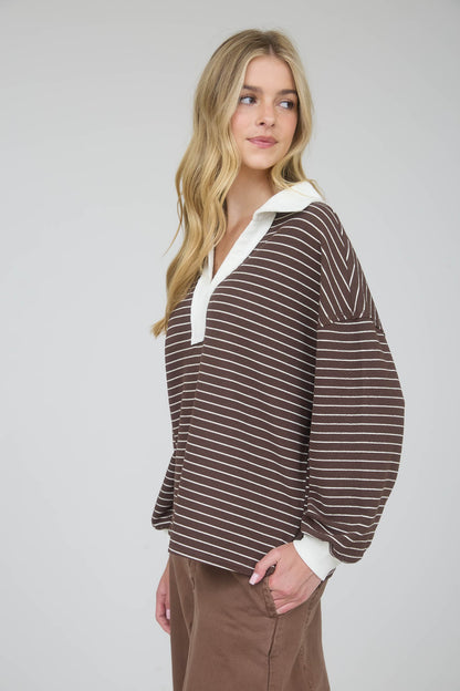 Brown Contrast Stripe Collared Top