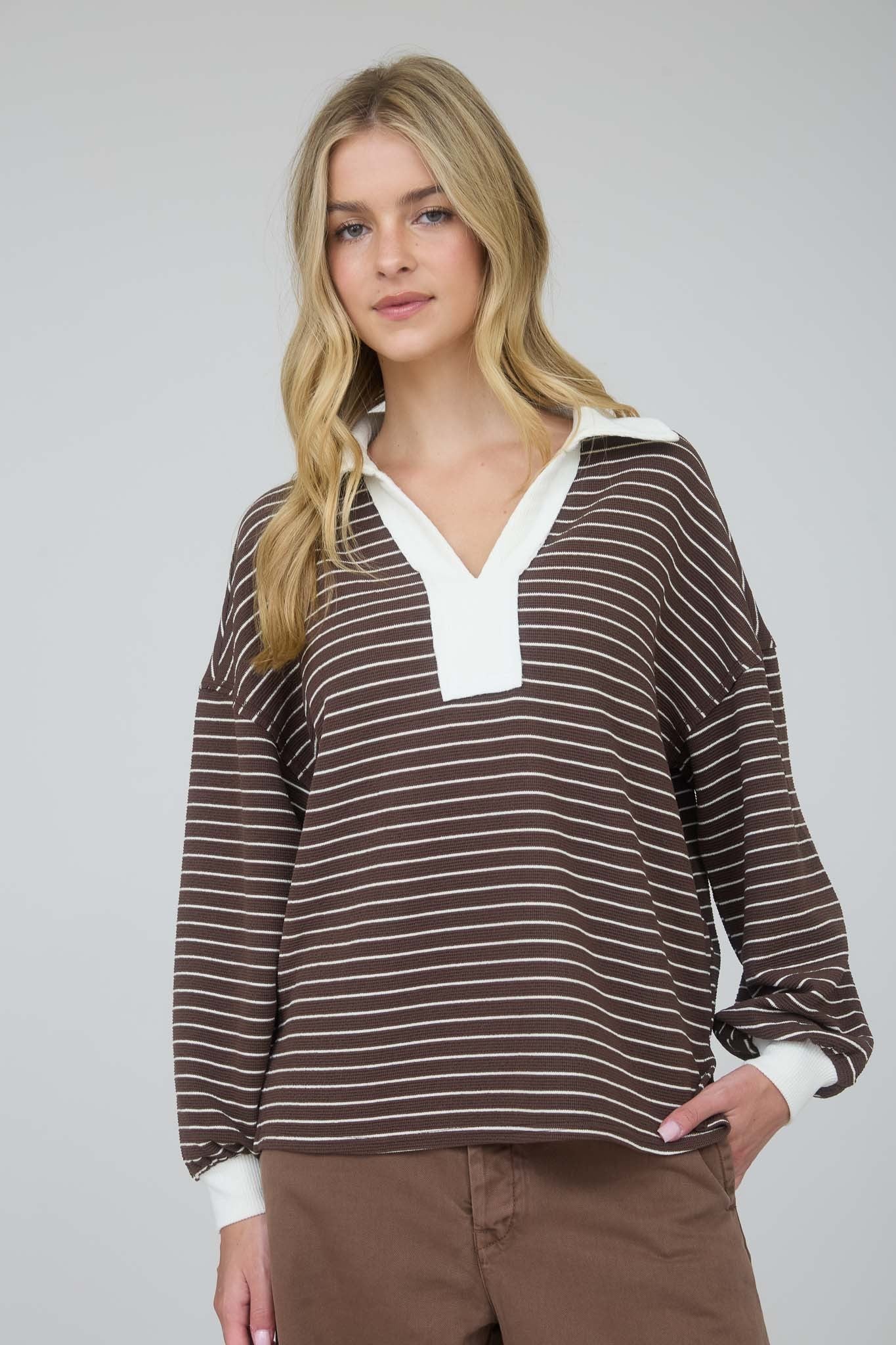 Brown Contrast Stripe Collared Top