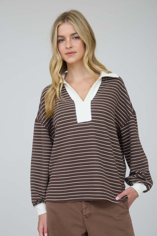 Brown Contrast Stripe Collared Top