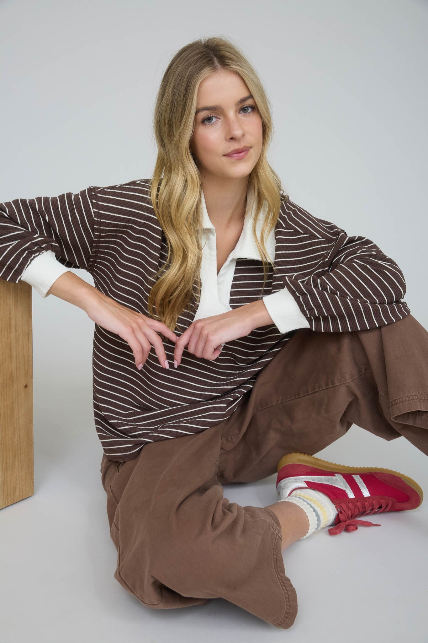 Brown Contrast Stripe Collared Top