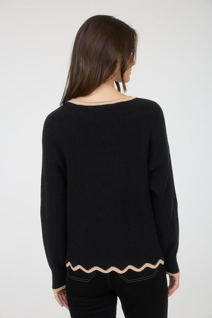 Black with Taupe Scallop Trim Top