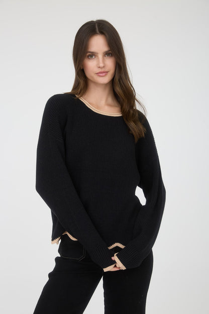 Black with Taupe Scallop Trim Top