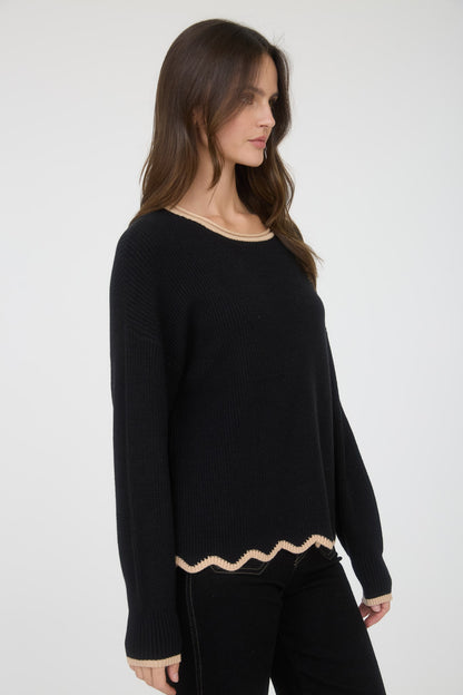 Black with Taupe Scallop Trim Top