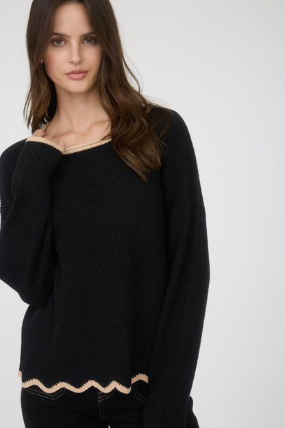 Black with Taupe Scallop Trim Top