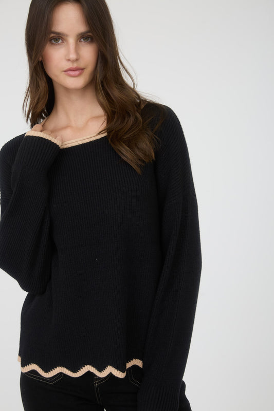 Black with Taupe Scallop Trim Top