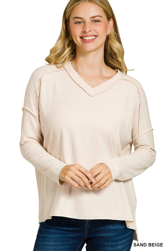 Sand Beige V-Neck Hi-low Top