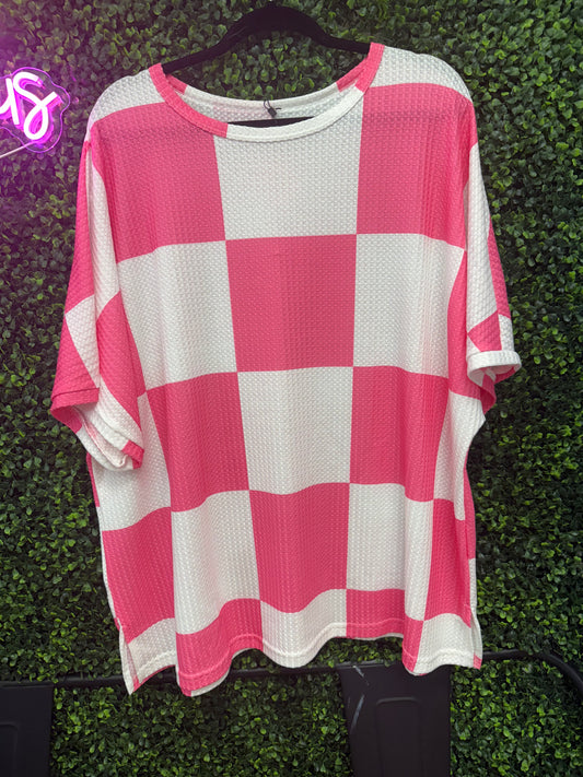 Hot Pink Checkered Waffle Knit Top
