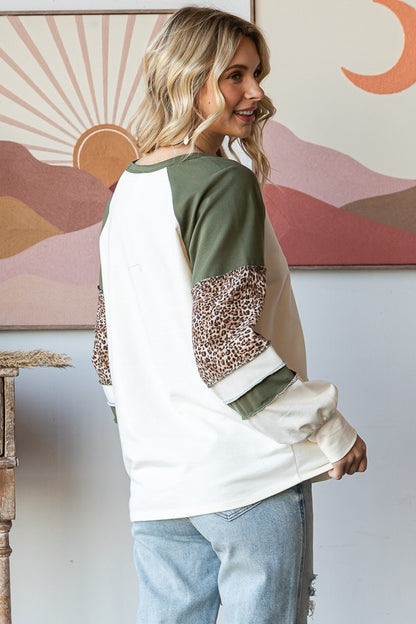 Cream/Olive Leopard Raglan Long Sleeve Top