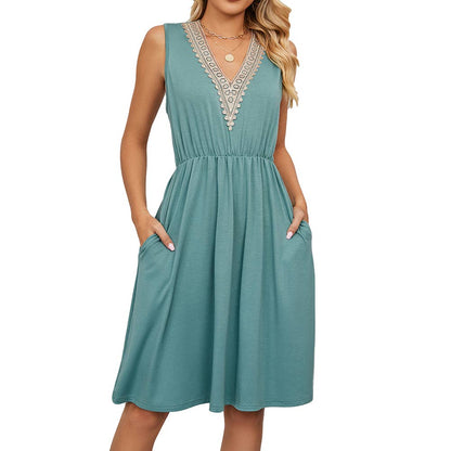 Summer Casual Sleevess V-Neck Mini Dress with Pockets