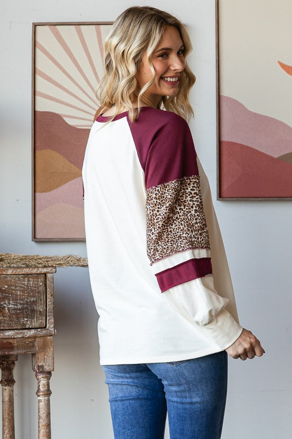 Cream/Burgundy Leopard Raglan Long Sleeve Top
