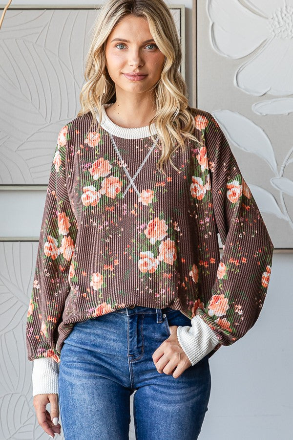 Brown Floral Ribbed Top