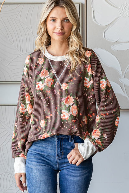 Brown Floral Ribbed Top