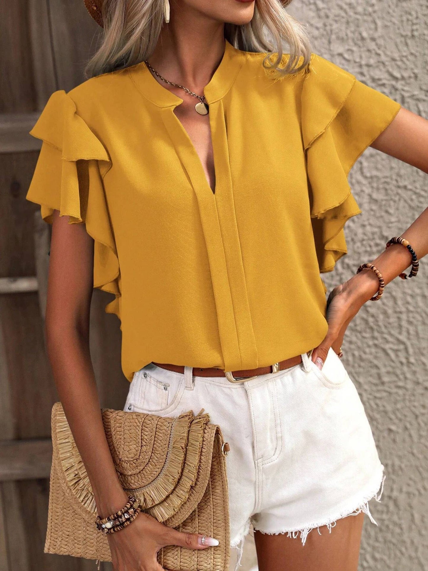 V-neck Casual Double-layer Ruffle Sleeve Solid Color Shirt