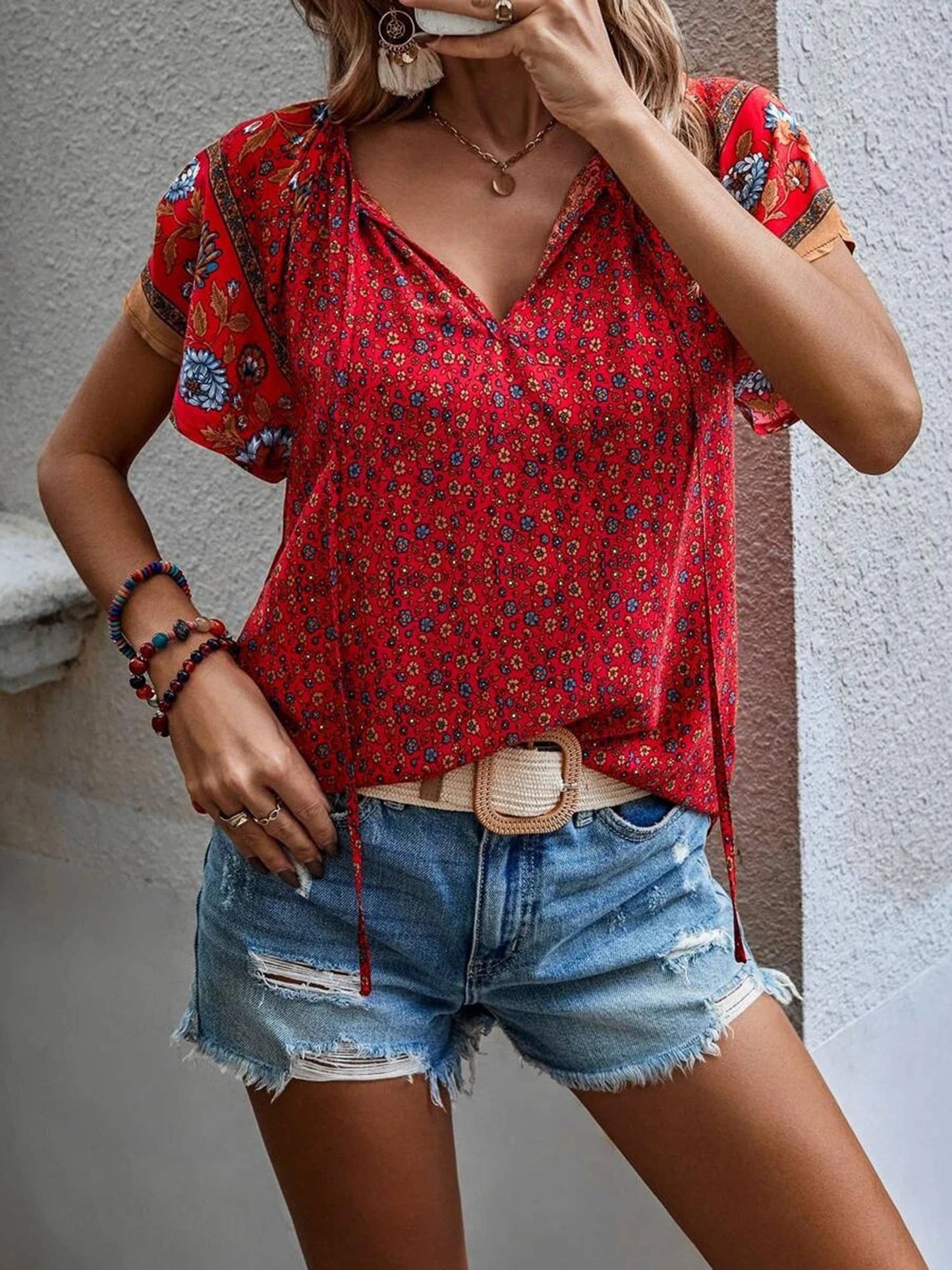 Printed V-neck Short Sleeved Loose Fitting Shirt