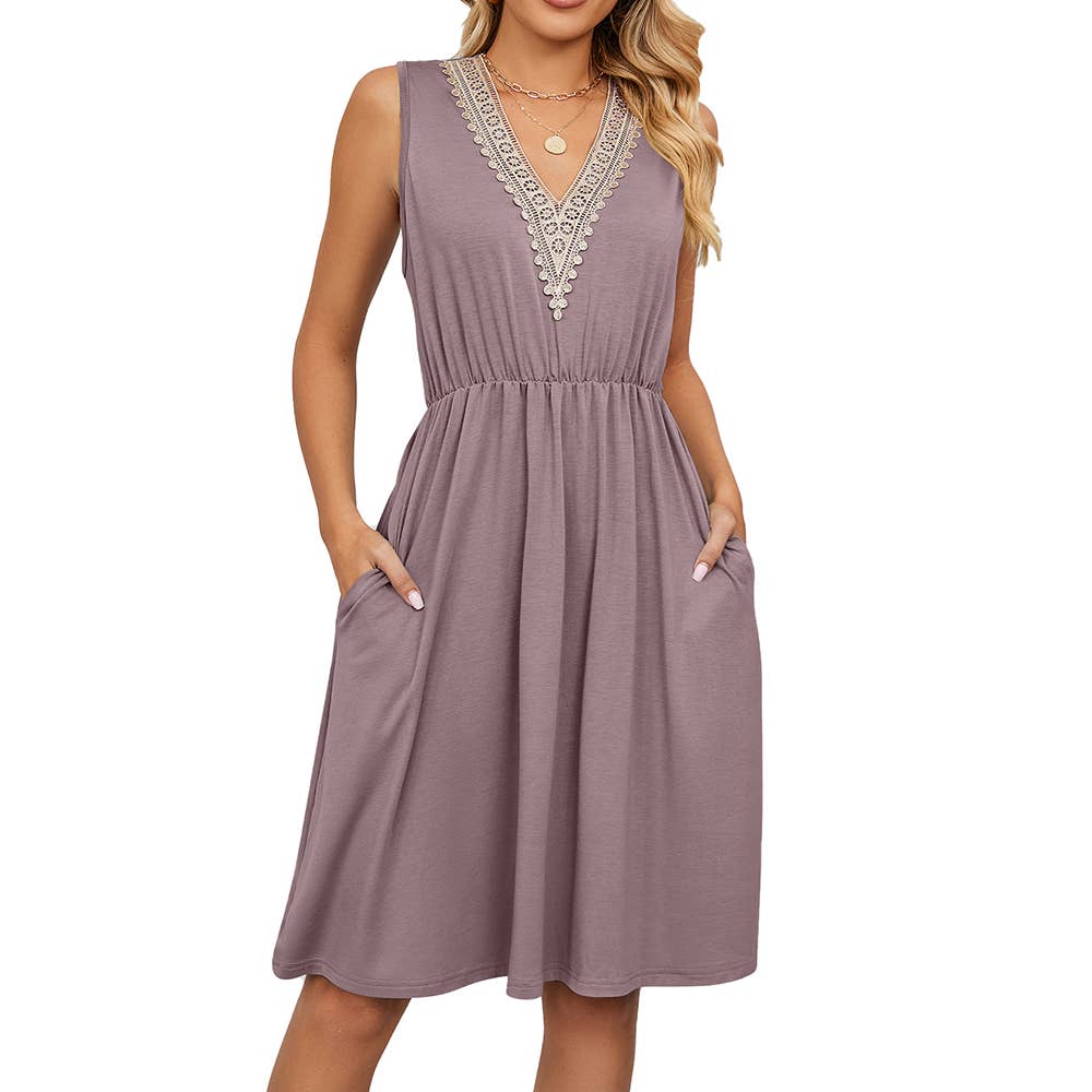 Summer Casual Sleevess V-Neck Mini Dress with Pockets